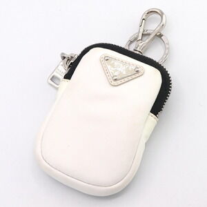 Prada Pouch White Black Nylon Leather Key Ring Holder Bag